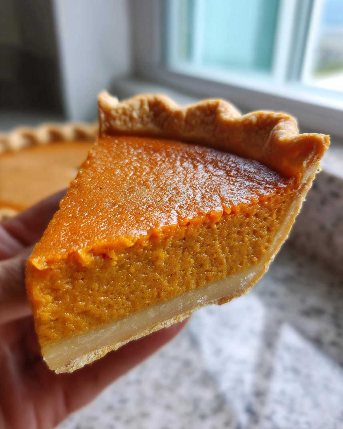 A close-up view of a thick slice of rich, orange sweet potato pie held by a hand, showing its creamy texture.