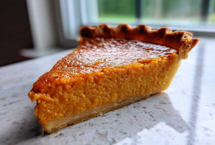Close-up of a thick slice of velvety sweet potato pie showing the bright orange filling and fluted crust edge.