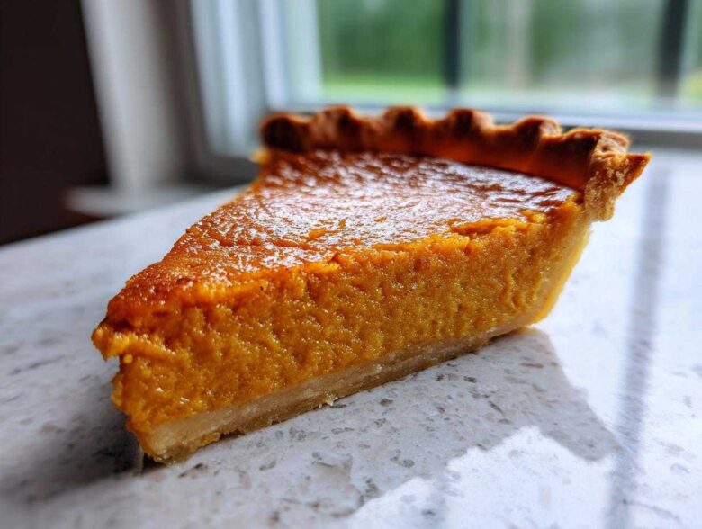Close-up of a thick slice of velvety sweet potato pie showing the bright orange filling and fluted crust edge.