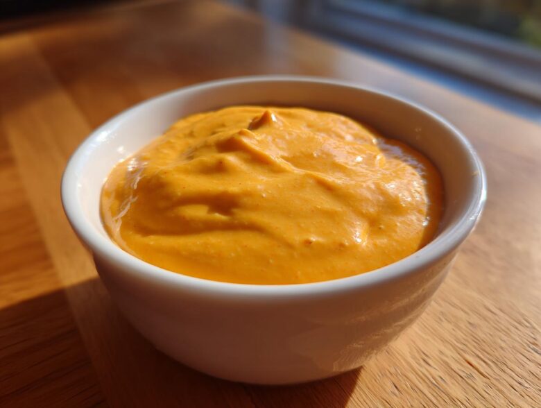 A close-up of a thick, vibrant orange cheese sauce served in a small white bowl on a wooden surface.