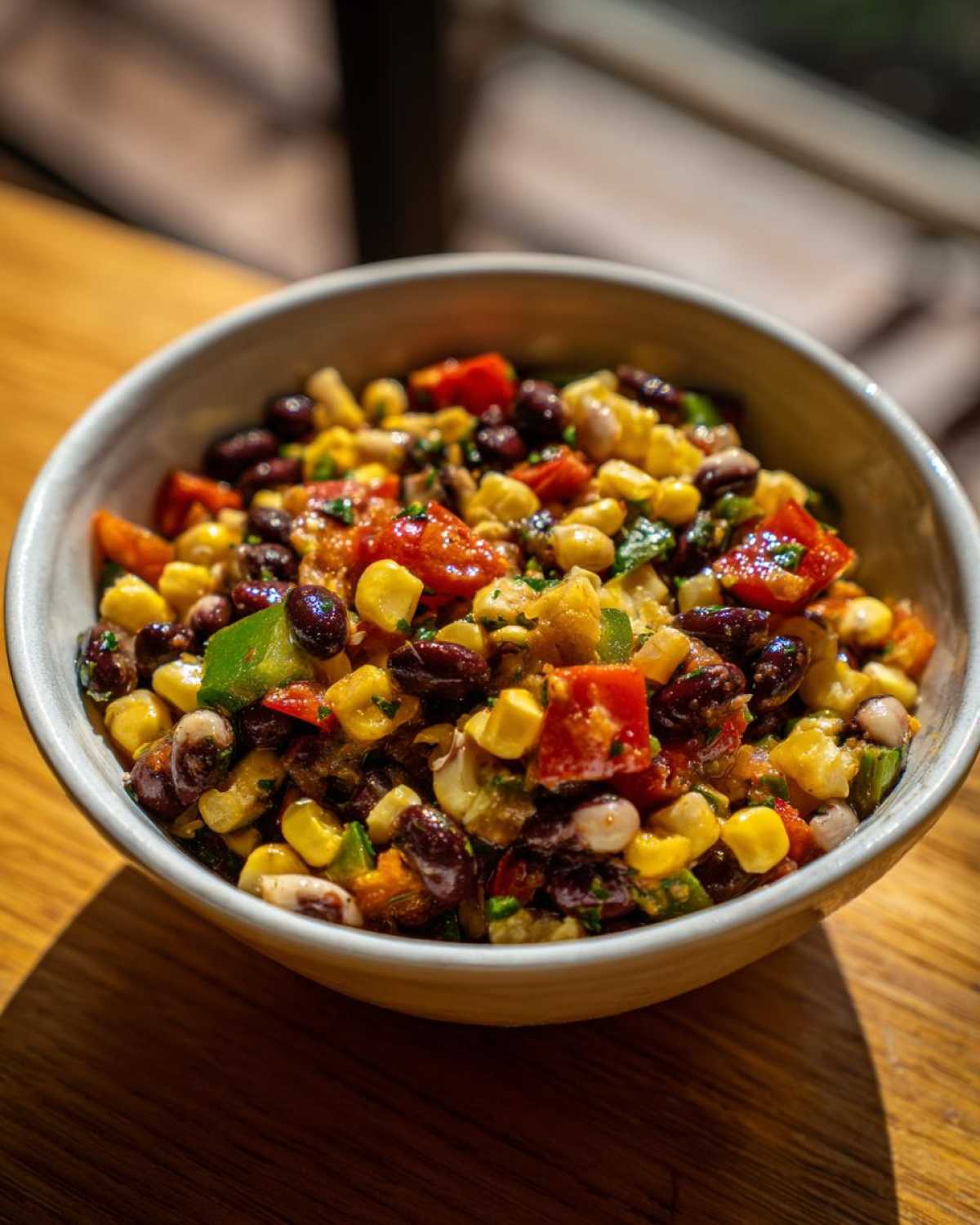 Close-up of a vibrant cowboy caviar recipe featuring black beans, corn, tomatoes, and peppers in a light-colored bowl.
