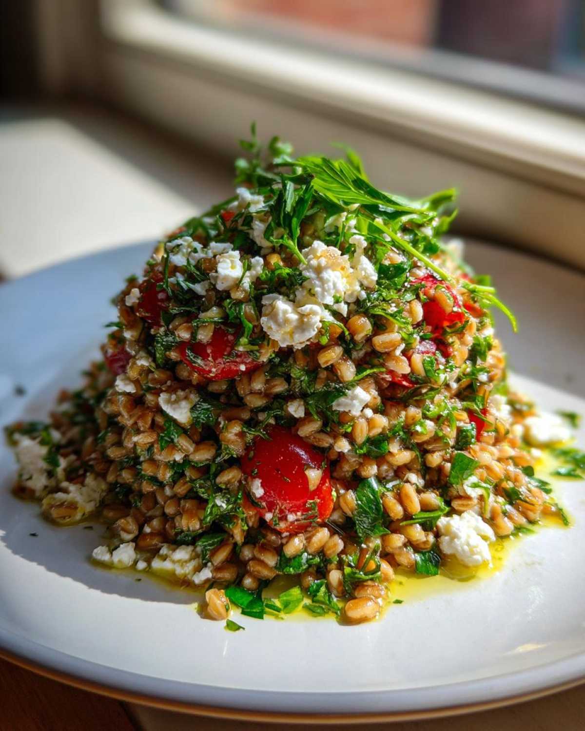 A vibrant, mounded serving of farro salad mixed with cherry tomatoes, feta cheese, and fresh herbs, glistening with dressing.