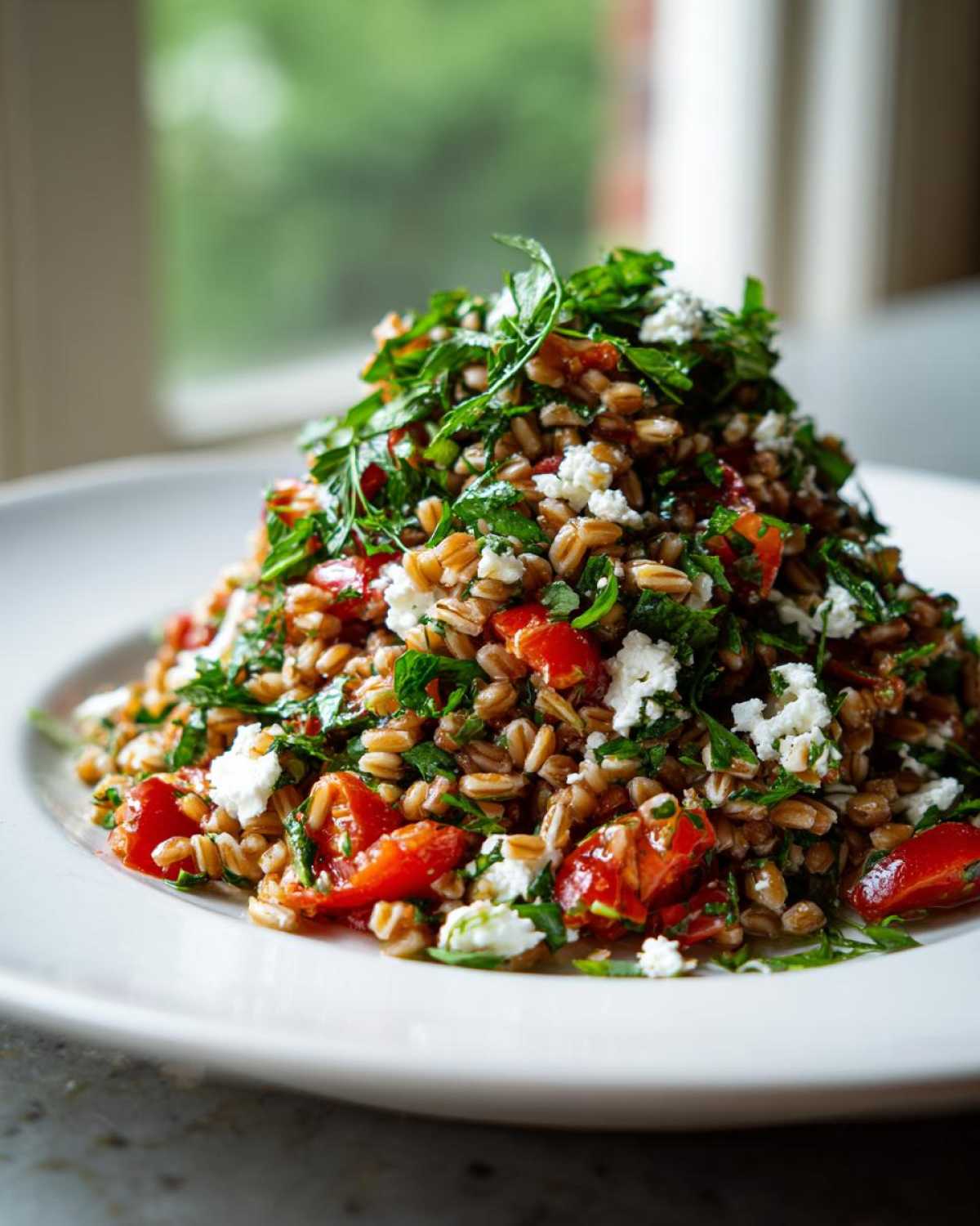 A mound of vibrant farro salad mixed with chopped tomatoes, feta cheese, and fresh parsley, served on a white plate.