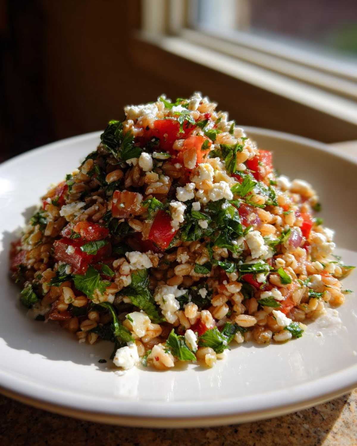 A mound of vibrant farro salad mixed with diced tomatoes, fresh parsley, and crumbled feta cheese, served on a white plate.