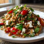 A close-up of a fresh farro salad featuring whole grains, halved cherry tomatoes, feta cheese crumbles, and fresh herbs.