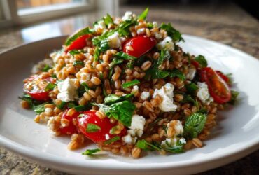 A close-up of a fresh farro salad featuring whole grains, halved cherry tomatoes, feta cheese crumbles, and fresh herbs.