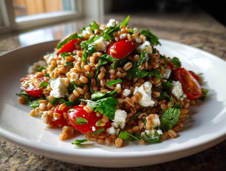 A close-up of a fresh farro salad featuring whole grains, halved cherry tomatoes, feta cheese crumbles, and fresh herbs.