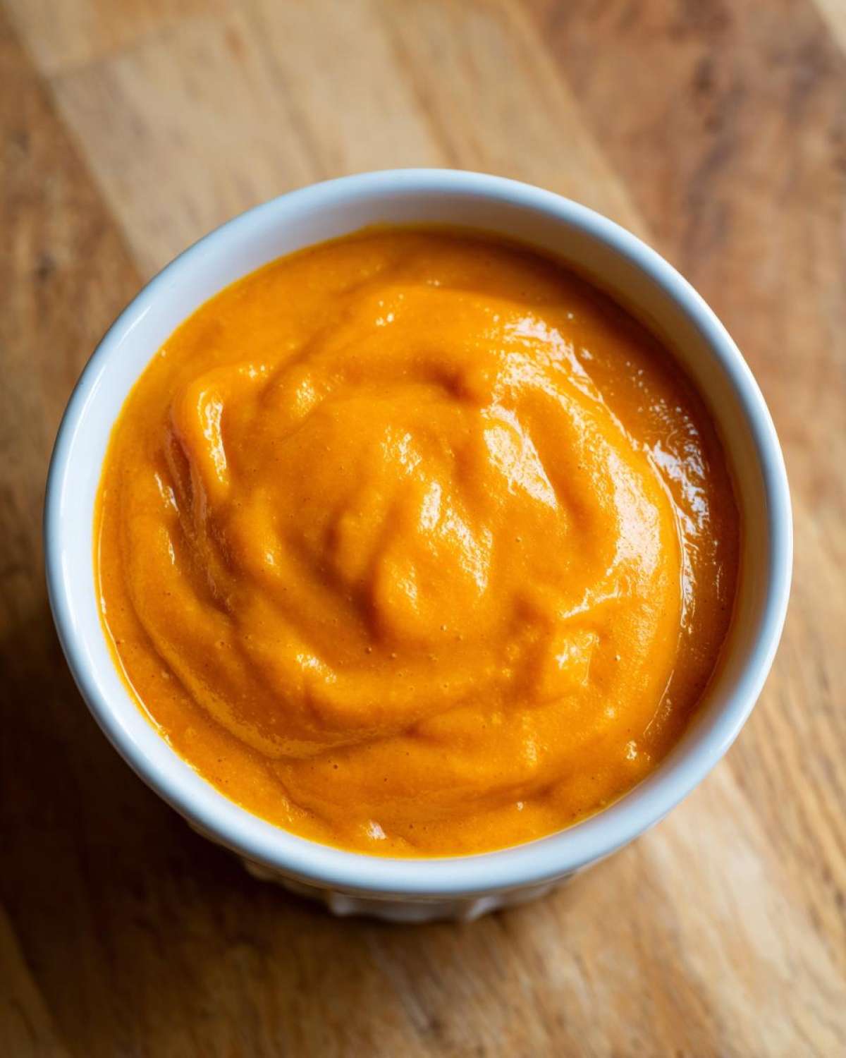 Overhead shot of a bright orange cheese sauce, likely cheddar-based, served in a small white bowl.