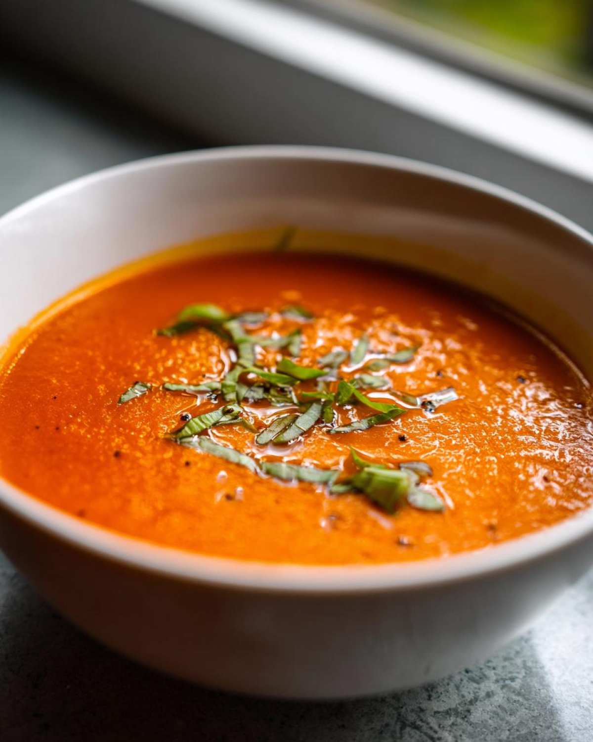 Close-up of a rich, orange-red bowl of tomato basil soup garnished with fresh, chiffonade basil leaves.