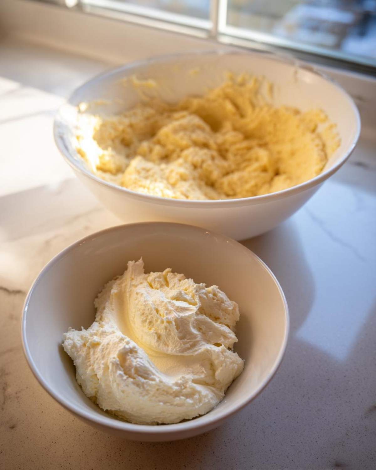 Two bowls showing ingredients for 5 ies: one with whipped cream and one with yellow batter consistency.